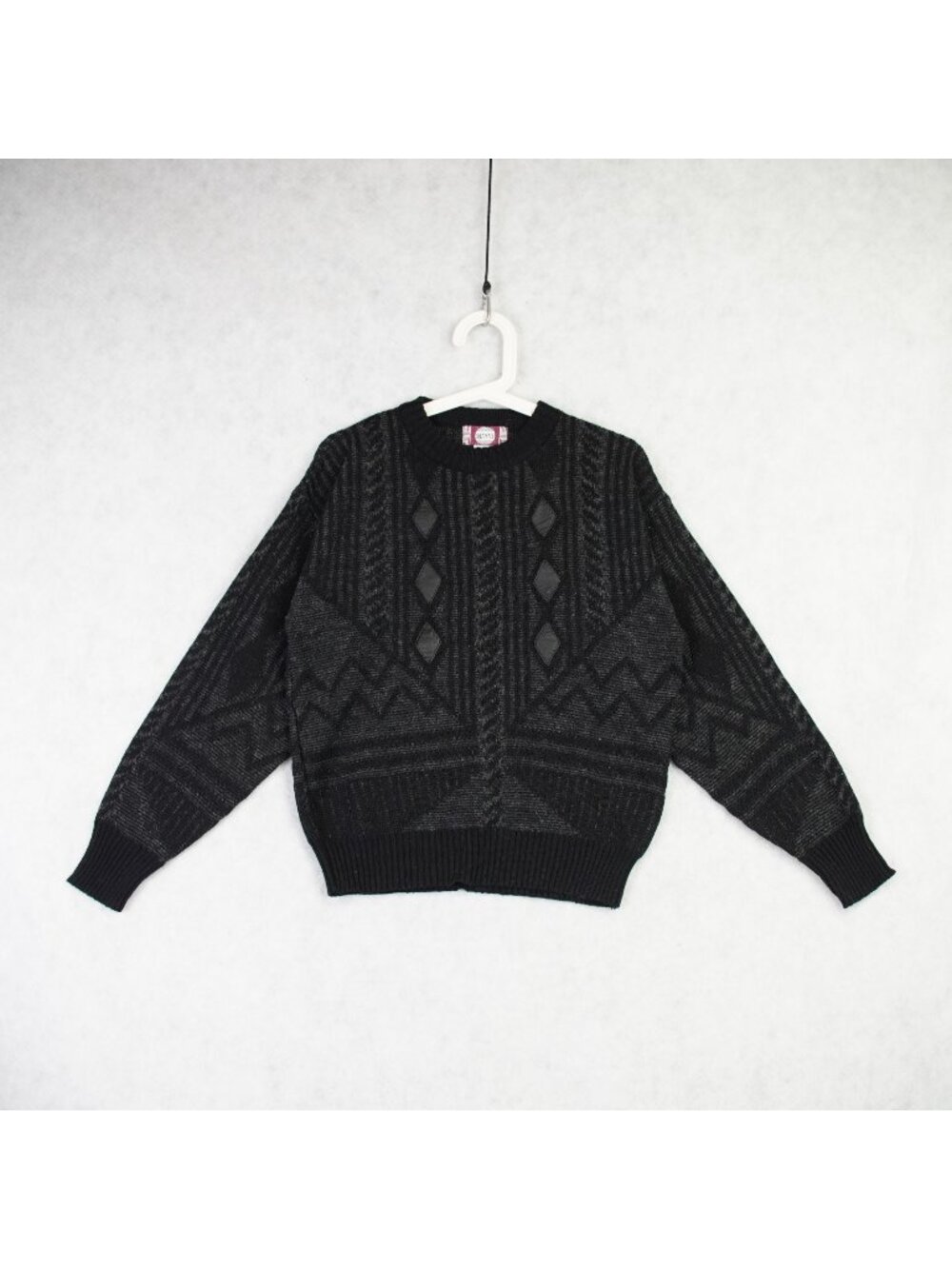 Vintage Chiamare Men’s Crew Neck Sweater With Leather Geometric Accents Size M